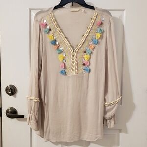 SOFT SURROUNDINGS Cream with Blue and Pink Embroidered Tasseled Boho Tunic